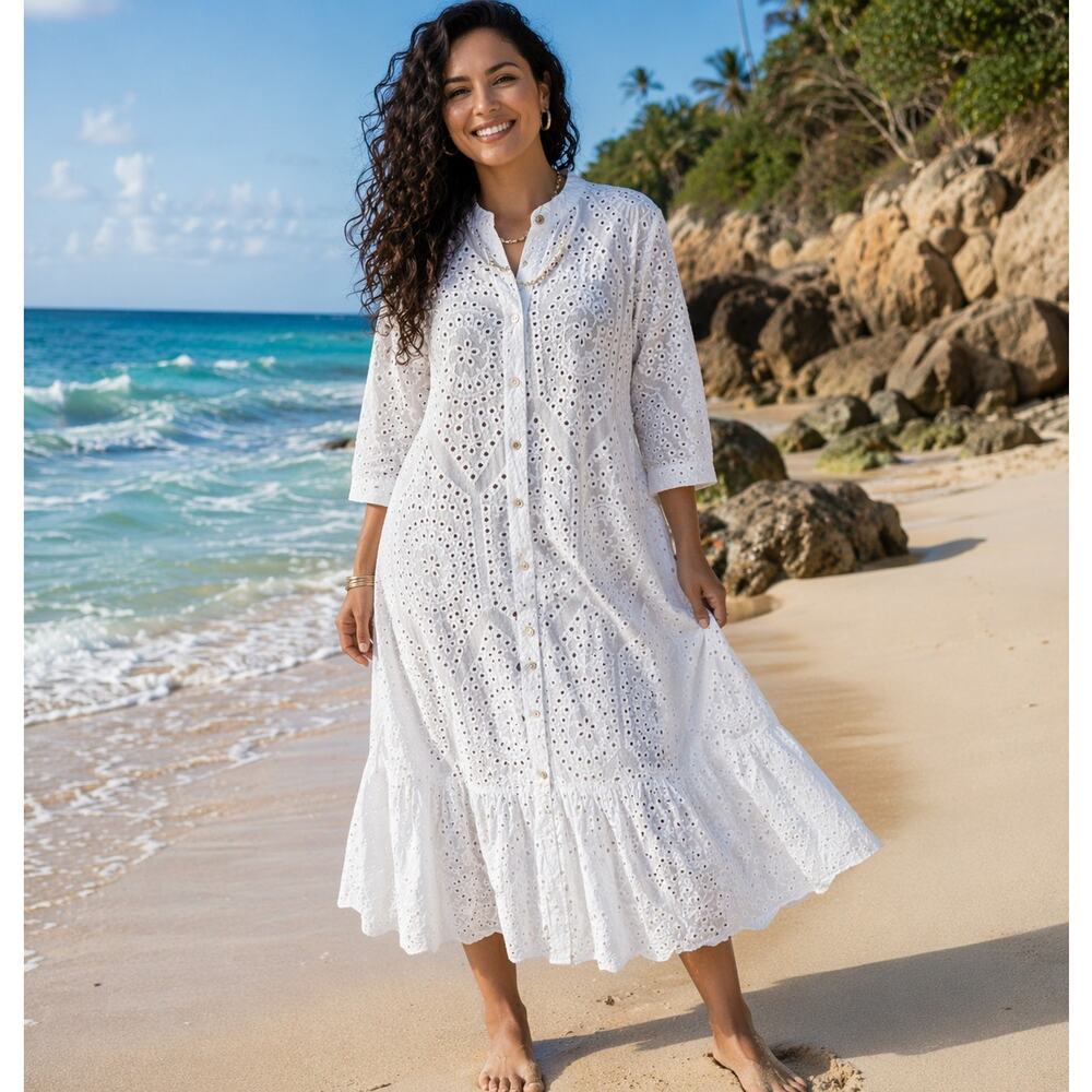 Milio Milano Women's boho 100% cotton Eyelet 3/4 sleeve midi Dress Size S NWOT